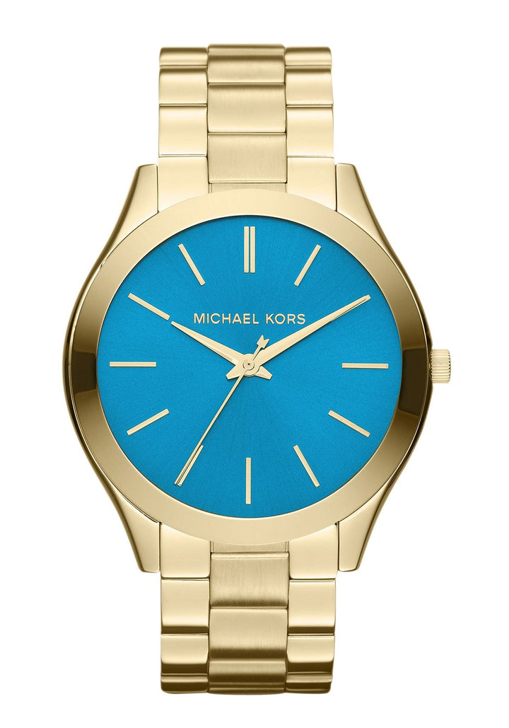 Gold watch with a blue face on a white background